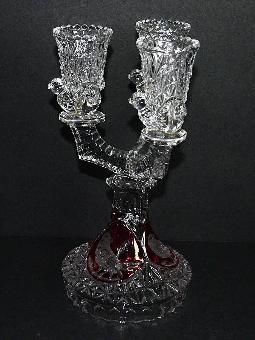 Hofbauer Byrdes Ruby Flash Crystal 3 Arm Candelabrum Cut‑to‑Clear Birds